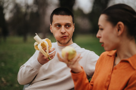 Young Man and Woman Having a Snack Together in the Parkの写真素材