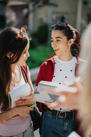Two students discussing notes and studying outdoors on a sunny dayの写真素材
