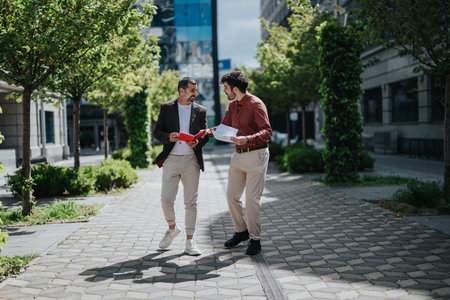 Two men walking together in an urban setting discussing documents in a relaxed atmosphereの写真素材