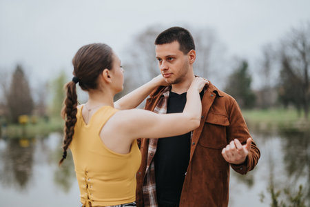 Young couple interacting near a park pond in springの写真素材