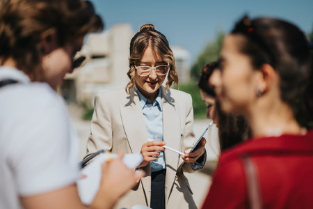 Professor engaging in discussion with students outdoors on a sunny dayの写真素材