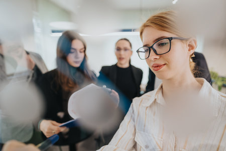Group of colleagues collaborating together in a modern office environmentの写真素材