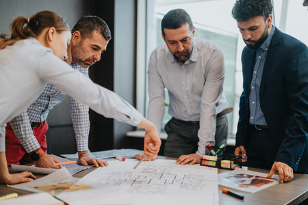 Group of professionals collaborating on a business project idea during a meeting in a modern office.の写真素材