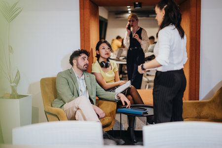 Team collaboration in a modern office environment with diverse peopleの写真素材