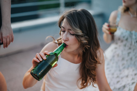 Friends celebrating together at a rooftop gathering in an urban settingの写真素材