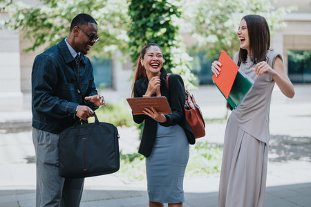 Happy multiracial colleagues laughing during an outdoor work discussion