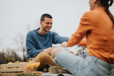 Friends enjoying a picnic outdoors with laughter and refreshing drinks