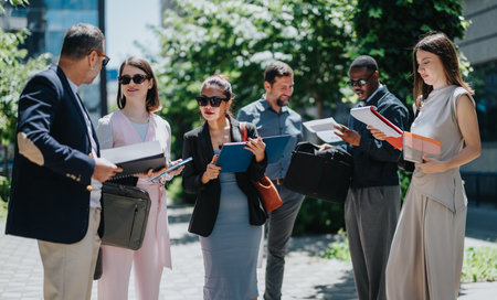 Professional outdoor meeting among multiracial colleagues discussing documents