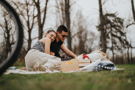 Happy couple enjoying a picnic with their dog in a quiet parkの写真素材