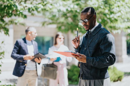 Focused colleagues discussing business documents outdoors on a sunny day