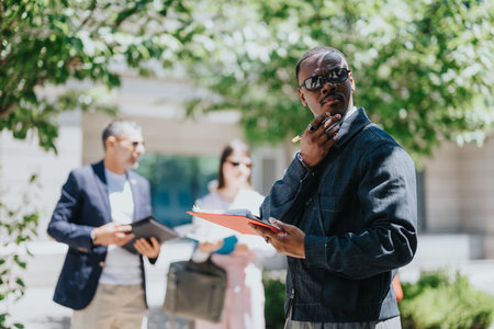 Multiracial business colleagues collaborating outdoors on a sunny day