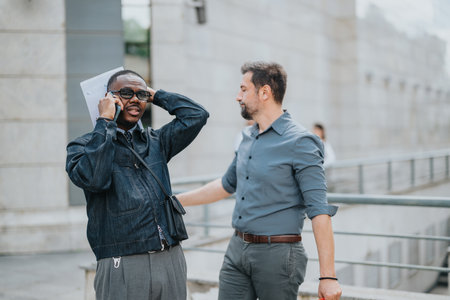 Two colleagues discussing business outdoors near a modern building