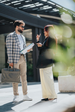 Business professionals discussing documents outdoors near a modern office building