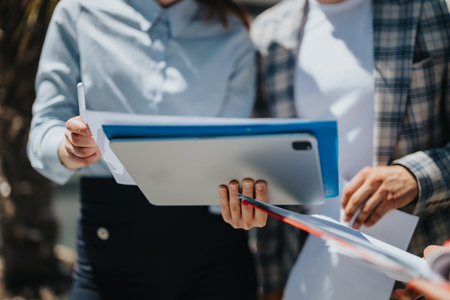 Business associates reviewing documents and a digital tablet outdoorsの写真素材