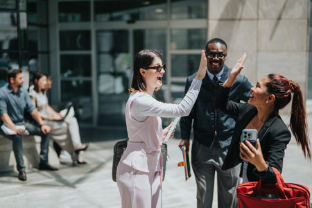 Colleagues celebrating a successful deal with a high-five outdoors