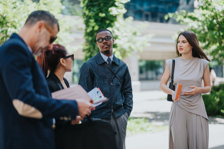 Diverse team members discussing work outdoors on a bright dayの写真素材