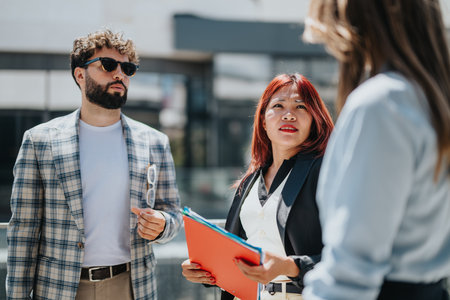Group of business professionals having an outdoor meeting discussion