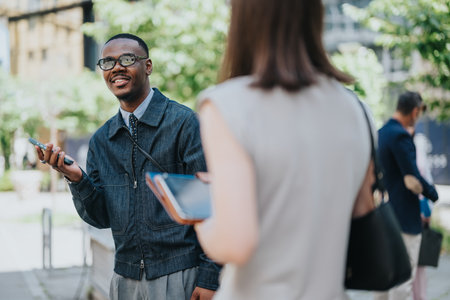 Friendly conversation between colleagues in a city outdoor professional setting
