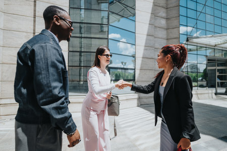 Business professionals greeting each other outside a modern office building