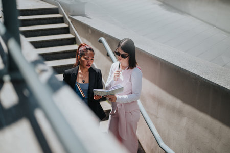 Two professionals discussing business matters on an outdoor staircase
