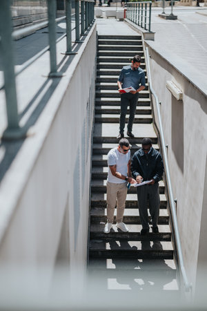 Team members collaborate on important tasks outdoors on a city staircase