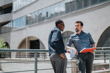 Two professionals discussing documents outdoors in a modern urban environment