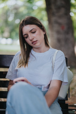 Young woman sitting on a bench in a beautiful park setting