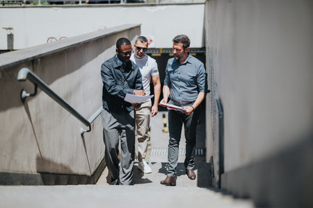Group of professionals conversing while walking up outdoor stairs