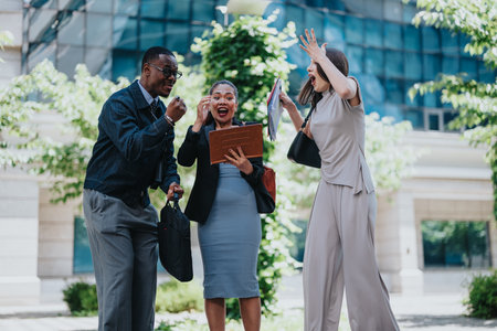 Excited business people celebrate success in an outdoor urban setting
