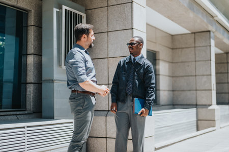 Business coworkers engaging in serious conversation outside a modern office building