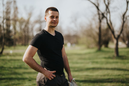 Man in black shirt standing in a park on a sunny dayの写真素材