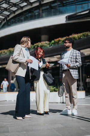 Asian and European business professionals collaborating outdoors for a successful meeting