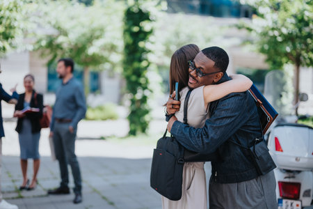 Colleagues exchanging a warm hug outdoors in a professional settingの写真素材