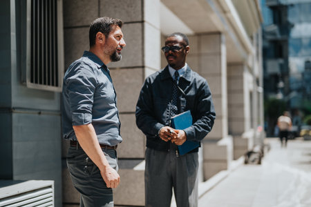 Two coworkers discussing business matters outside an urban building