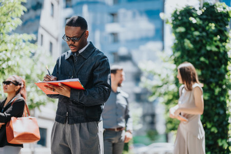 Young professional taking notes outdoors among a group of diverse urban colleagues