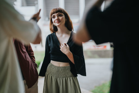 Young woman interacting outdoors with a group of people