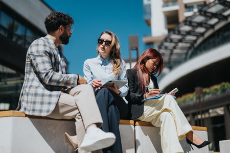Diverse business team collaborating outdoors in a modern urban settingの写真素材