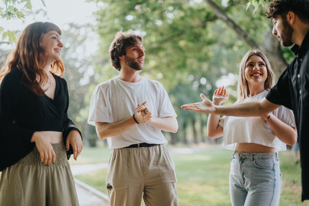 Group of friends enjoying conversation outdoors in a park settingの写真素材