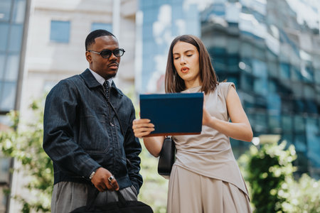 Two people discussing business strategies outdoors near a modern office building
