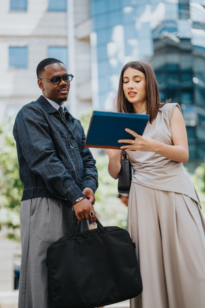 Two people discussing business outdoors with a documentの写真素材