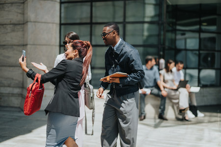 Group of professionals sharing a moment outside the office building