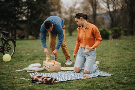 Young couple enjoying a picnic outdoors in a serene park setting
