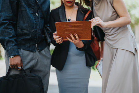 Team collaborating while viewing a digital tablet outdoors in professional attire