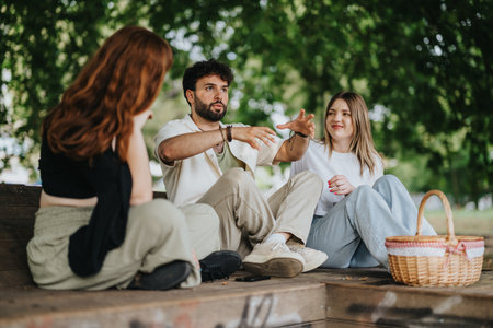 Group of friends enjoying time together outdoors in a serene park