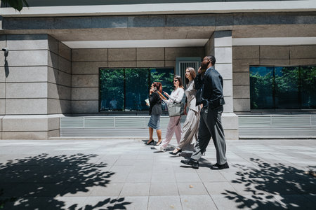 Group of diverse business coworkers walking outside a modern office building