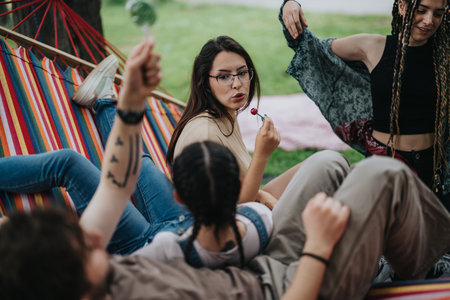 Group of friends relaxing outdoors enjoying time together in a park