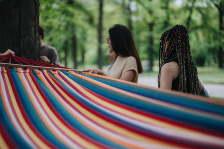 Friends setting up a colorful hammock in a scenic park environment