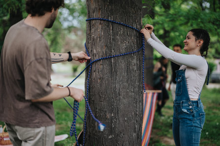 Friends setting up a hammock in a park on a sunny afternoonの写真素材