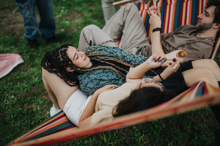 Friends relaxing together in a hammock at a park enjoying lollipops
