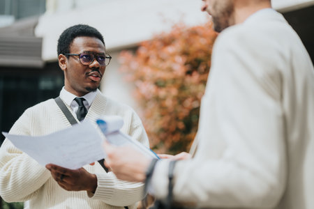 Two professionals discussing documents during a meeting outdoors on a sunny day
